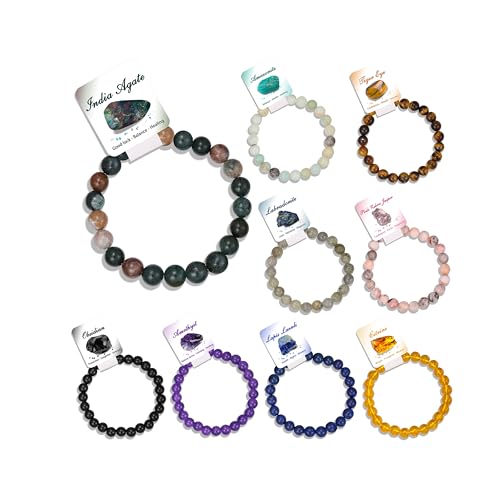 BOMAIL 9Pcs Healing Crystal Bracelets for Women Men 4mm 6mm 8mm Natural Stone Beaded Stretch Bracelet Set Handmade Gemstone Reiki Spiritual Jewelry Gifts - color: B:6mm