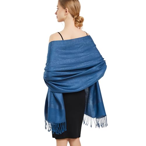 Silky Paisley Pashmina Shawl Scarf-Women's Soft Double-side Jacquard Pashminas Wrap for Evening Dress Travel Shawl - color: A-blue