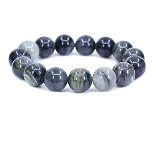 Keleny Natural Gem Semi Precious Gemstones 14mm Round Beads Crystal Stretch Bracelets 7 Inch Unisex - color: 14mm Green Hair Stone