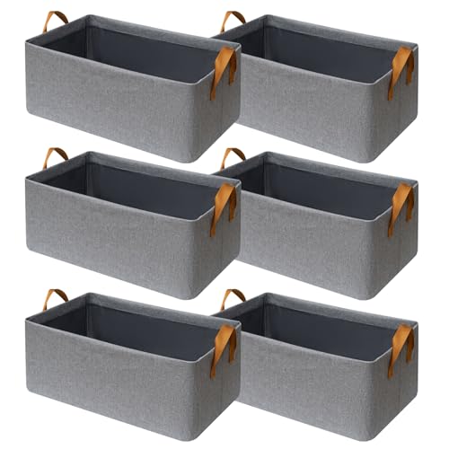 SNWDN 6 Pack Closet Cloth Storage Bins for Shelves, Medium Storage Baskets for Shelves, Fabric Bins for Closet organization with Handles（ Gray 15''L x 10''W x 8''H）