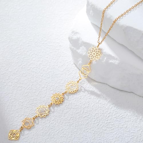 7 Chakra Necklace for Women Stainless Steel Spiritual Healing Chakra Pendant Necklace Yoga Meditation Jewellery for Mother's Day - color: Style1-G