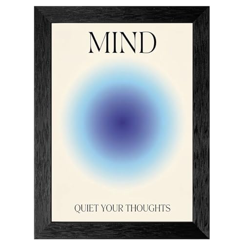 Mindful Aura Framed Wall Art - Minimalist Indigo Blue Zen Poster with Premium Black Frame - Quiet Your Thoughts Meditation Decor for Living Room or Office - 16x20 Inch - color: 1 Framed Version, size: 20"L x 16"W