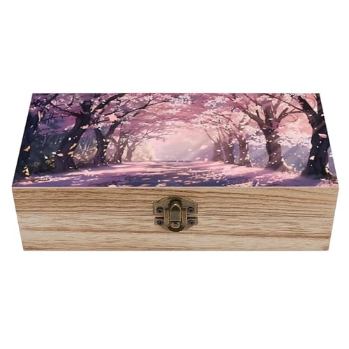 Vibrant Cherry Blossom Vintage Wooden Storage Box with Hinged Lid – Rustic Natural Wood Keepsake Box for Jewelry, Trinkets, And Photos – Decorative Small Chest Organizer (7.9" X 3.9" X 2.3") - color: black