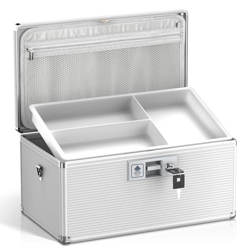 Medicine Lock Box with Key, Alluminum Alloy Box for Medication,First Aid Box with a Removeable Tray to Store Medicines & Pills for Home&Travel, Silver, 16 * 9.25 * 7.48 Inch - color: Silver, size: X-Large-16inch