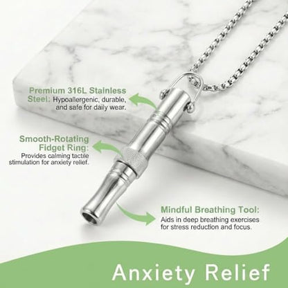 Breathing Easy Necklace, Mindfulness Breathing Stainless Steel Pendant for Stress Relief, Anxiety Management & Smoking Cessation Aid, Intricate Engraving for Men Women - color: Cylindrical Rotating Fidget Ring-Sliver