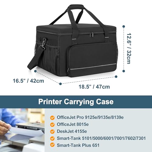 Yarwo Printer Carrying Case Compatible with HP OfficeJet Pro/DeskJet/Smart-Tank, Padded Office Printer Storage Bag with Base Board and Dividers for Ink, Paper and Office Supplies (BAG ONLY)