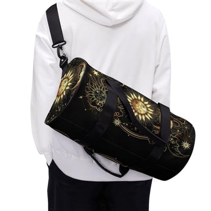Sun Crescent Moon Stars Astrology Tarot Cards Cylindrical Portable Fitness Bag, Large Capacity Handbag - color: Sun Crescent moon stars astrology tarot cards