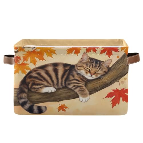 Wamika Fall Cat Kitty Storage Basket with Waterproof Liner and PU Handles Autumn Maple Leaves Storage Bins Boxes 14.2" Collapsible Decorative Organizer Baskets for Bedroom Closet Office 1 Pack - color: Fall cat, size: 1 Pack