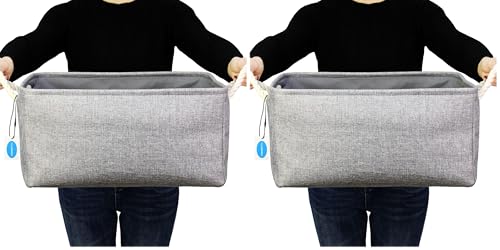 Casaphoria Storage Basket Fabric Basket with Rope Handles,Storage Containers for Bedroom Decor Book Shelves Coffee Table Stuff Organizer(Grey, 16.5L12.2W7.9H)（pack of 2） - size: Small (Pack of 2)