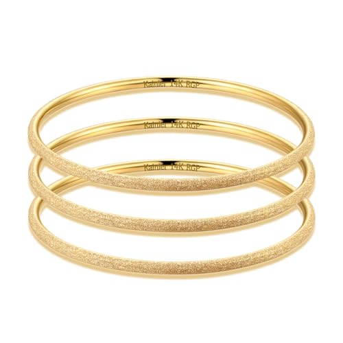 Kainier 3mm 14K Gold Plated Bracelet Stainless Steel Glossy Stackable Thin Round Bangle Bracelet for Women Solid Plain Polished Bracelet Best Gifts for Love - color: Frosted Bangle, size: 8.5 Inches