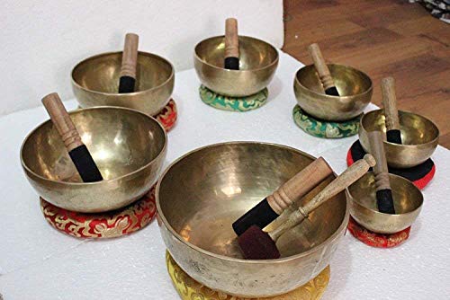 PISCES Handmade Crown 7 Chatra Tibetan Singing Bowl Meditation Healing Bowl With Mallet And Silk Cushion SET OF 7 BOWL