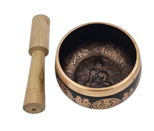 Purpledip Handmade 4 Inches Bell Metal Tibetan Buddhist Singing Bowl Musical Instrument For Meditation (11079) - style: Scripture design | 4 inches | Black