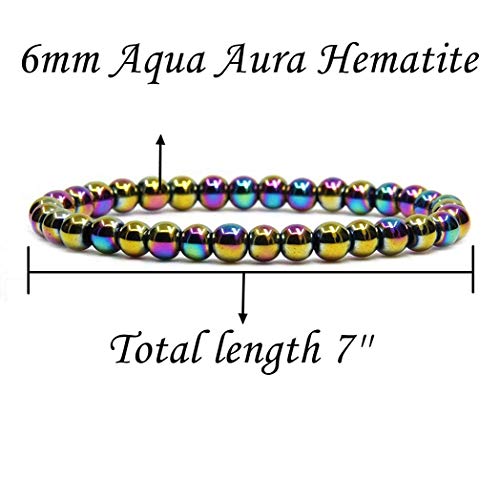 Angelstones Handmade Natural Healing Gemstone 6mm Round Beads Stretch Crystal Bracelet 7 Inch Unisex - color: Aqua Aura Hematite