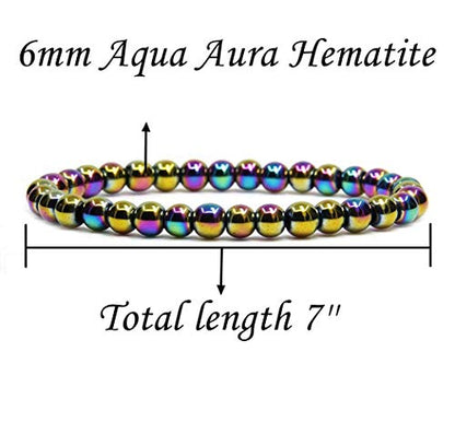 Angelstones Handmade Natural Healing Gemstone 6mm Round Beads Stretch Crystal Bracelet 7 Inch Unisex - color: Aqua Aura Hematite