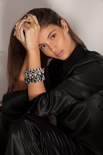SPUNKYsoul Beaded Stretch Bracelet Set – Multi-Piece Stackable Fashion Bracelet Collection, Elastic Fit, Minimalist Boho Jewelry for Everyday Wear - style: " Ayla" White, Black & Silver