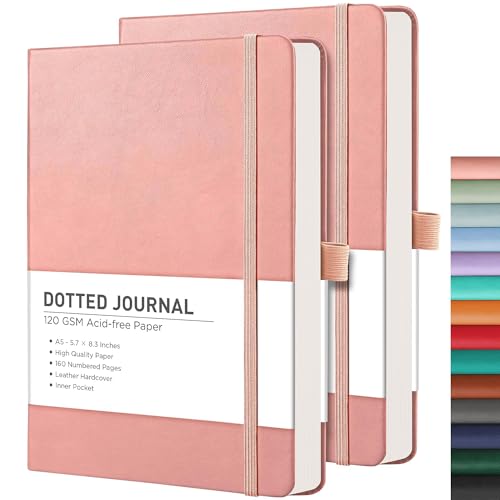 RETTACY Dotted Journal Notebook, 2-Pack, 160 Numbered Pages per Pack, A5 Medium Size (5.7'' x 8.3''), 120 GSM Thick Paper, Leather Hardcover, for Journaling, Planning, Tracking (Pink & Pink) - color: Pink & Pink, style: Dotted
