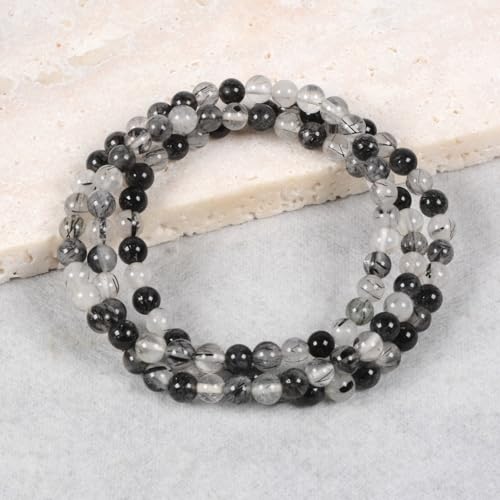 Justinstones Gem Semi Precious Gemstone 3pcs 4mm Round Beads Stretch Bracelet 6.5 Inch Unisex - color: Black Rutilated Quartz