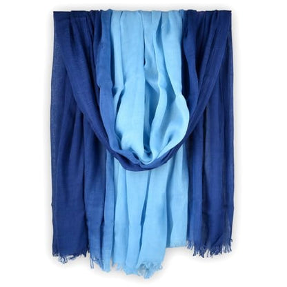 Two-tone Linen Scarf for Women Lightweight Summer Wrap Cotton Shawl Beach Travel Pashmina Gauze 75"×35" - color: Light Blue/Royal Blue