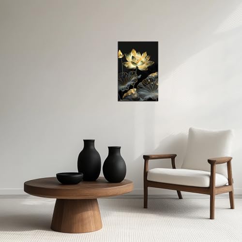 Lotus Wall Art Zen Floral Picture Decor Lotus Flower Leaf Painting Prints Modern Meditation Canvas Poster for Bathroom Yoga Spa Room Bedroom Office Home Decor Framed(Flo-02,12"x18")