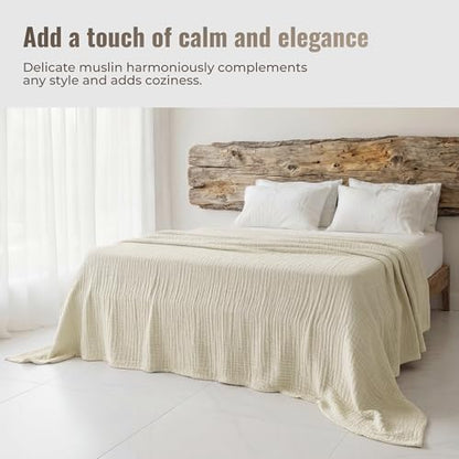 4-Layer Muslin Cotton Queen Bed Blanket (90 x 90 inches) – Ultra Soft Breathable Gauze, Lightweight All-Season Cozy Blanket, Machine Washable – Beige - color: Beige, size: Queen (90 x 90 inches)
