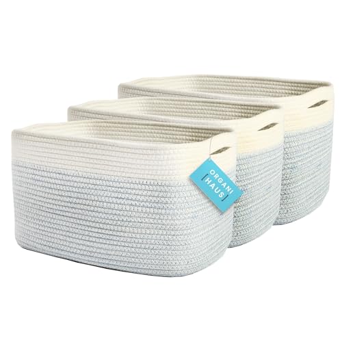 Blue Cotton Rope Baskets for Shelves, Set of 3-15"×10"×9½" - Colorful Storage Baskets for Kids - Nursery, Playroom, Classroom - Toy Storage, Books, Towels - color: Blue / Off-White
