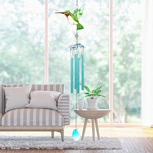 Green Hummingbird Wind Chimes, Wind Chimes for Outdoor, 26" Glass Painted Mobile Romantic Chimes, Patio, Balcony, Garden Decoration, Gifts for Mom & Women