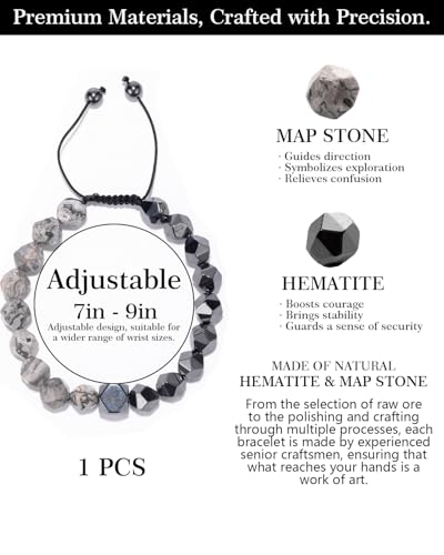 Beaded Bracelet for Men, 10mm Natural Stones Bracelet for Men's Gift, Adjustable Precision-Cut Gemstone Crystal Healing Bracelet, Protection Jewelry Gift with Hematite, Tiger Eye - style: Map Stone & Hematite
