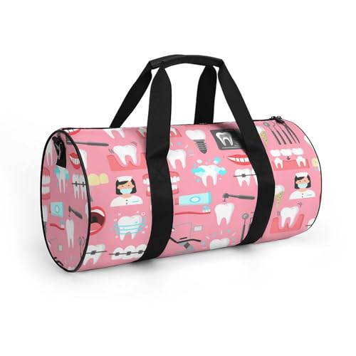 Teeth Dental Seamless Pattern Pink Cylindrical Portable Fitness Bag, Large Capacity Handbag - color: Teeth Dental Seamless Pattern Pink