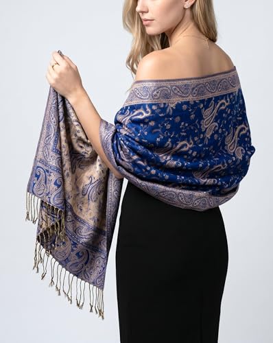 Achillea Reversible Paisley Pashmina Rave Scarf – Exotic Indian Shawls and Wraps for Evening Dresses, Festivals, All Seasons - color: Royal Blue