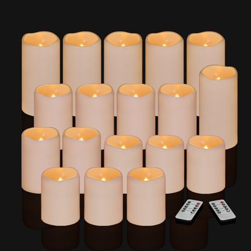Flameless Candles 4" 5" 6" Outdoor Indoor Pillars Battery Operated Flickering Candles Include 10-Key Remote Timer 400+ Hours by 2 AA Batteries (Ivory Candle - Warm light, 3"D x 4"|5"|6" H - 18 Pack) - color: Ivory Candle - Warm light, size: 3"D x 4"|5"|6"