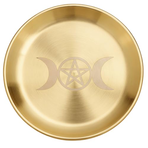 WEBEEDY Gold Altar Candle Tray Pentagram Moon Pattern Offering Bowl 14cm/5.5 inch Decoration Bowl Pray Ritual Plate for Home Decor Gift Altar Setup Events Meditation Festivals Offering