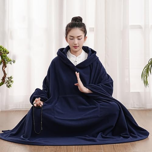 Unisex Meditation Buddhist Hooded Cloak Thickened Warm Loose Coat - color: Navy Blue, size: Large