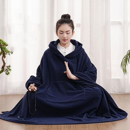Unisex Meditation Buddhist Hooded Cloak Thickened Warm Loose Coat - color: Navy Blue, size: Large