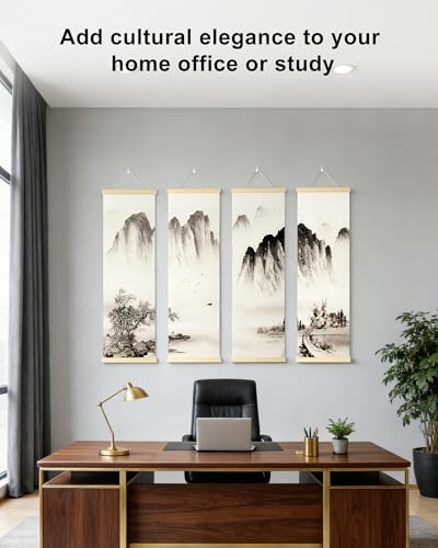 TaraZen Landscape Wall Painting Set of 4 - Chinese Ink Mountain River Scroll, Vertical Asian Wall Art Decor with Wood Frame for Living Room, Bedroom & Office - style: Asian