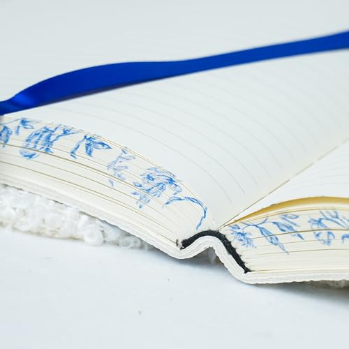 PU Leather Hardcover Notebook – Blue Botanical Floral Cover with Printed Edge Design, 380 Lined Pages, Tie Closure, 8.5" × 6" Writing Journal