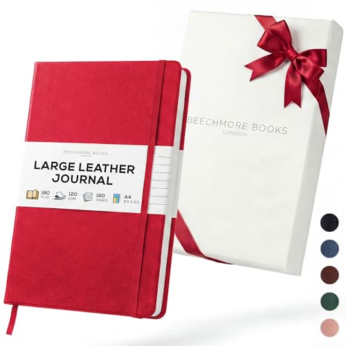 BEECHMORE BOOKS Ruled Journal Notebook, A4 8.5" x 11.5" 160 Lined Pages, Hardcover Leather Journals For Women, Men, Writing And Notebooks For Work - 120 GSM Thick Paper, Gifts Box Included - color: Scarlet Red, size: A4 - 8.5" x 11.5" Large