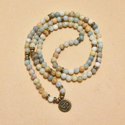 108 Mala Beads Bracelet with om Charm – Healing Stone Meditation Bracelet for Yoga & Prayer, 6mm Beads, Handmade, Gold-Plated OM Charm - style: Amazonite