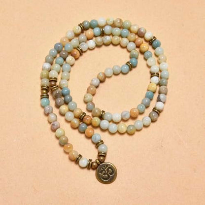 108 Mala Beads Bracelet with om Charm – Healing Stone Meditation Bracelet for Yoga & Prayer, 6mm Beads, Handmade, Gold-Plated OM Charm - style: Amazonite