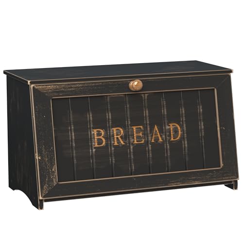 Vintage Bread Box for Kitchen Countertop, Retro Design Bread Storage Container, Farmhouse Wooden Counter Breadbox, Small Bamboo Bread Bin Holder for Homemade Bread, Black - color: Vintage Black