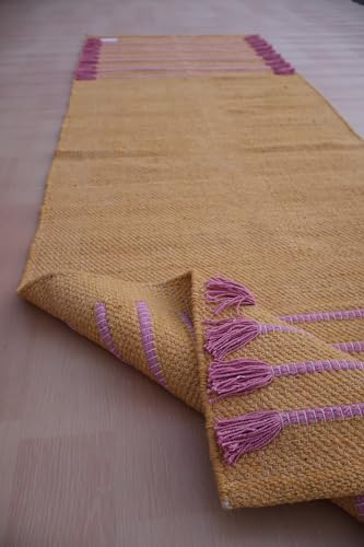 Jaipur Art & Rugs Cotton Yoga Rug - Eco-Friendly Hand-Woven Thick Mat (24”x72”x5mm) for Everyday Fitness at Home - Comfortable & Extra-Long - color: Mustard-Pink