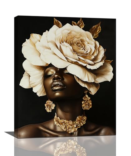 Olivine African American Women Decor Wall Art Black Woman Picture, Elegant Rose Beauty Painting, Abstract Aesthetic Canvas Prints, Artwork for Bathroom Bedroom Living Room 20"x16" - color: African American, size: 20L" x 16W"