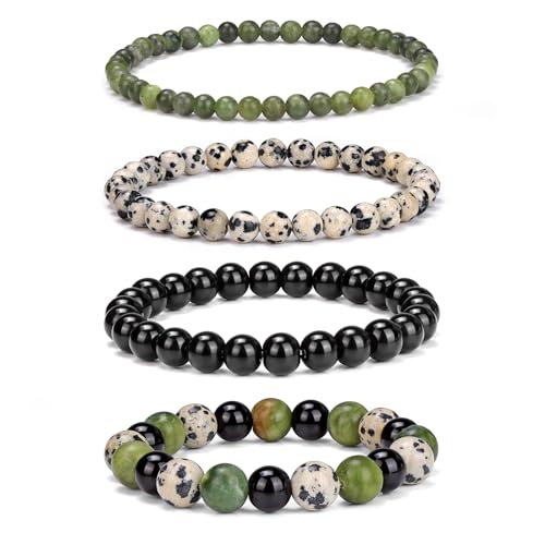 4pcs Beaded Bracelets for Women,Natural Healing Crystal Gemstones Bracelet,Anxiety Stress Relief Bracelet Handmade purple Jewelry Gifts for Women - color: Southern jade&Dalmatian Jasper&Black Obsidian