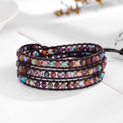 Women Boho Handmade Natural Stone Crystal Leather Bead Wrap Bracelets Collection - style: 4mm Purple Blue Jasper