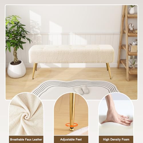 Furnimart Faux Fur Boho Bench Ottoman Upholstered Tufted Bench with Padded Seat, Footrest Foot Stool with Sturdy Metal Leg, for Bedroom Living Room Entryway - color: Fur Ivory White