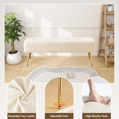 Furnimart Faux Fur Boho Bench Ottoman Upholstered Tufted Bench with Padded Seat, Footrest Foot Stool with Sturdy Metal Leg, for Bedroom Living Room Entryway - color: Fur Ivory White