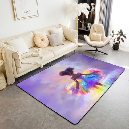 Castle Fairy Afro Girl Mat Rug for Living Room Bedroom,Watercolor Graffiti Ballet Soft Cozy Carpet Dreamy Princess Decor Floor Mat Colorful Room Decorative Rug,3x5 - color: Colorful 2, size: 4'11" x 3'3" (Rectangular)
