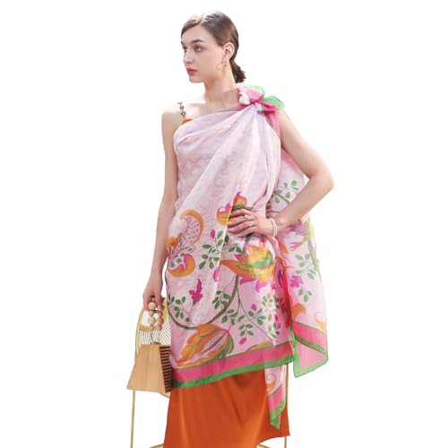 100% Mulberry Extra Large Silk Pashmina Scarf Shawls And Wraps For Women Evening Dress Summer Travel Floral Blanket - color: 76 Green&pink