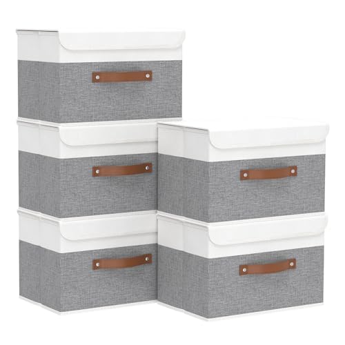 Yawinhe Storage Boxes with Lids, Linen Fabric Bin, Cube Organizer Basket, Washable and Leather Handle, for Home, Closet, White/Grey, 15.0''Lx9.8''Wx9.8''H, 5-Pack, USNK024WGL-5 - color: White/Grey, size: L/(5 Pack)
