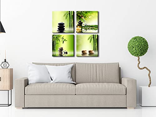 Pyradecor Modern 4 Panel Stretched Contemporary Zen Canvas Prints Perfect Bamboo Green Pictures on Canvas Wall Art for Home Office Decorations Living Room Bedroom - size: 30x30cmx4pcs (12x12inchx4pcs)