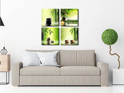 Pyradecor Modern 4 Panel Stretched Contemporary Zen Canvas Prints Perfect Bamboo Green Pictures on Canvas Wall Art for Home Office Decorations Living Room Bedroom - size: 30x30cmx4pcs (12x12inchx4pcs)